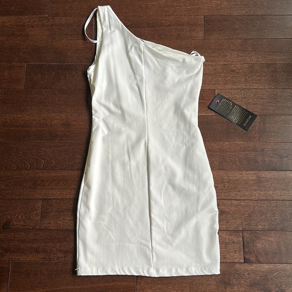 Bebe Bodycon Embellished White Gold Studded One Shoulder Dress S NWT - Picture 7 of 8